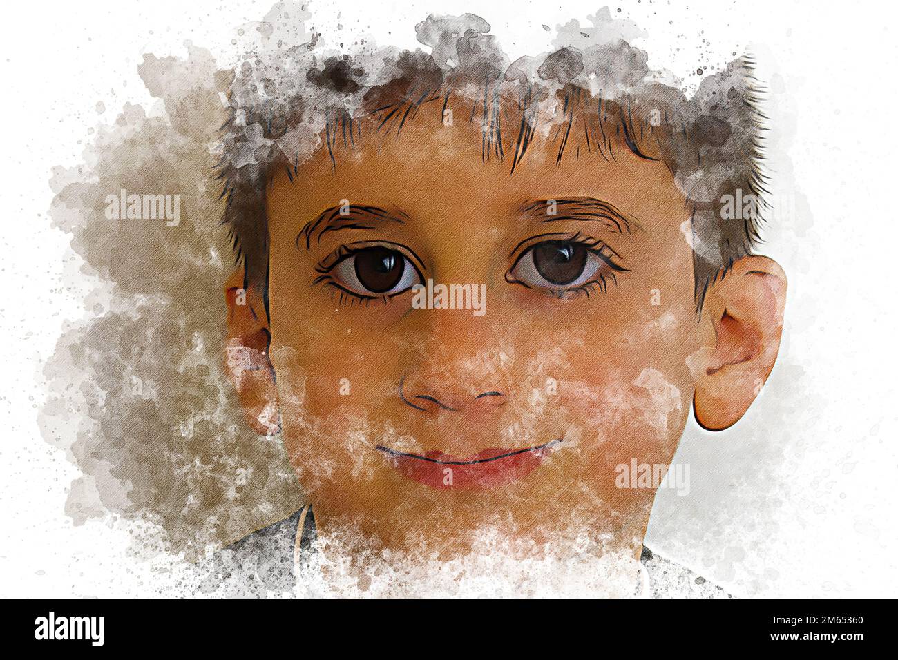 Un ragazzo guardare con grandi occhi e sorriso. Pittura ad olio ed effetto acquerello. Foto Stock