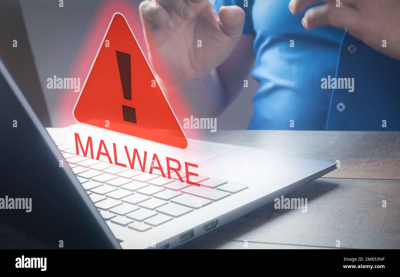 Utilizzare il laptop e visualizzare la schermata malware. Password di hack e dati personali. . Persona che guarda lo schermo del notebook con testo malware. Reti Internet Foto Stock
