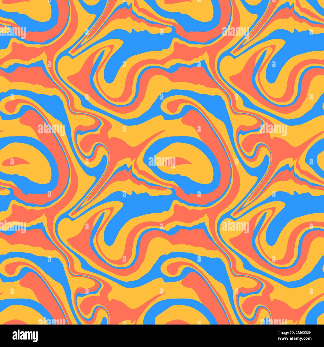 Astratto 1970 marmo liquido senza cuciture. Rosso giallo blu ondulato struttura swirl. Groovy trippy distorce lo sfondo psichedelico. Fantasia ipnotica aesth Illustrazione Vettoriale