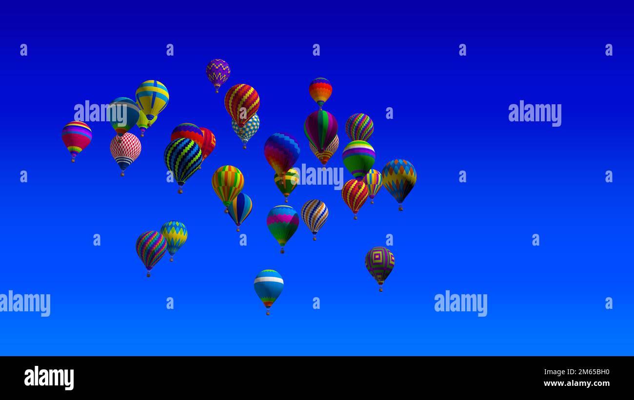 Vista panoramica di un gruppo di palloncini ad aria calda con colori vivaci e disegni geometrici che volano in una giornata di sole con cielo blu senza nuvole. 3D Illustrazione Foto Stock