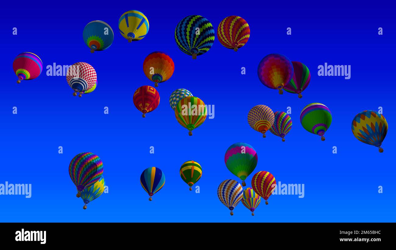 Vista dal basso di un gruppo di palloncini ad aria calda con colori vivaci e disegni geometrici che volano in una giornata di sole con cielo blu senza nuvole. 3D Illustrazione Foto Stock