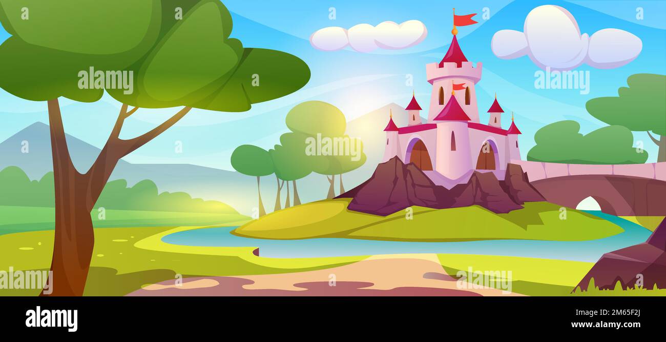 Cartone animato rosa principessa castello sulla collina. Paesaggio estivo del regno delle fiabe, palazzo medievale con torrette circondate da acqua, alberi verdi, campo e ponte con strada per il castello reale. Illustrazione Vettoriale
