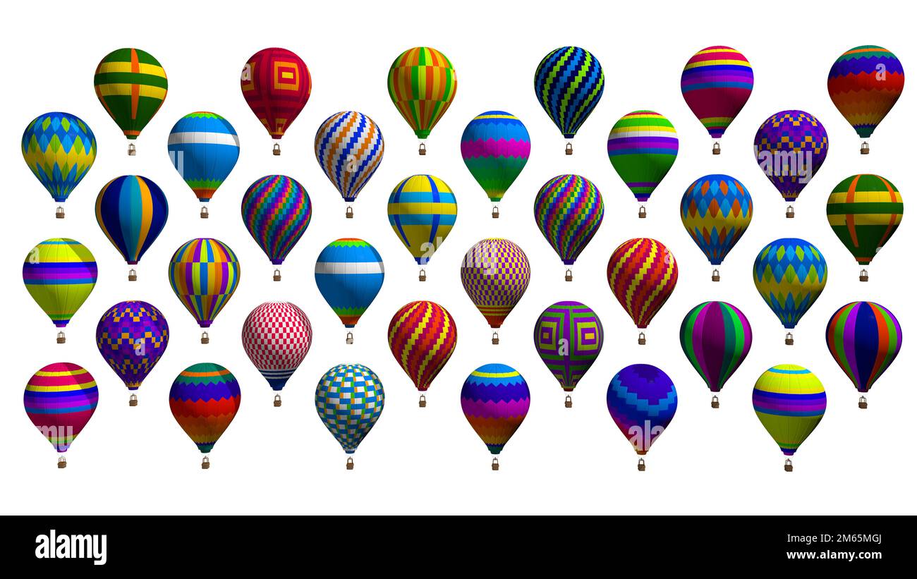 Vista frontale di un gruppo di palloncini ad aria calda con colori vivaci e disegni geometrici che galleggiano su sfondo bianco. 3D Illustrazione Foto Stock