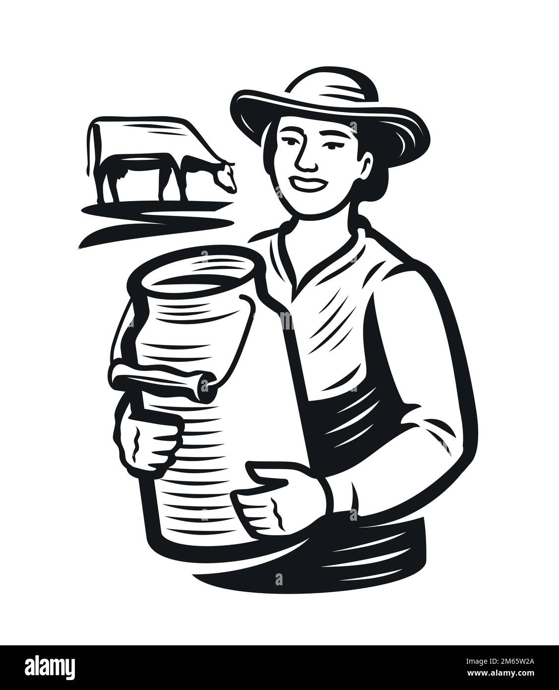 Cameriera contadina con lattina, emblema. Azienda casearia, badge dairymoid. Cibo naturale biologico sano. Illustrazione vettoriale Illustrazione Vettoriale