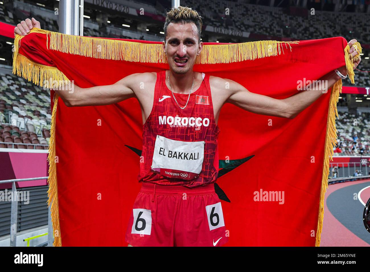 Il campione olimpico Soufiane El Bakkali (MOR) vince le steeplechases maschili di 3000 metri ai Giochi estivi olimpici 2020 (2021) di Tokyo, Giappone Foto Stock