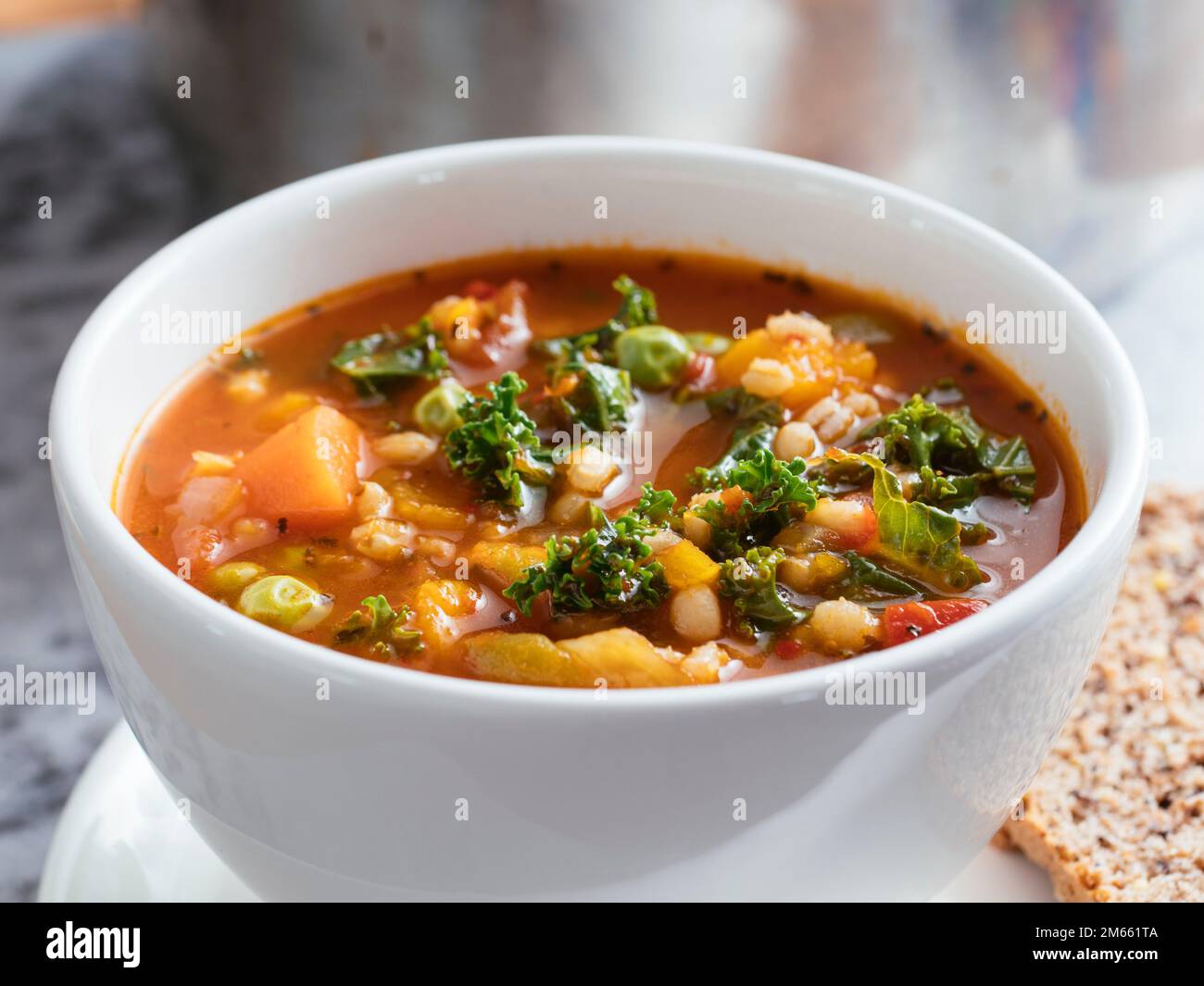 Minestrone italiano fatto in casa con zucca invernale, carote, cavolo, fagioli verdi, piselli, pomodori e orzo. Foto Stock