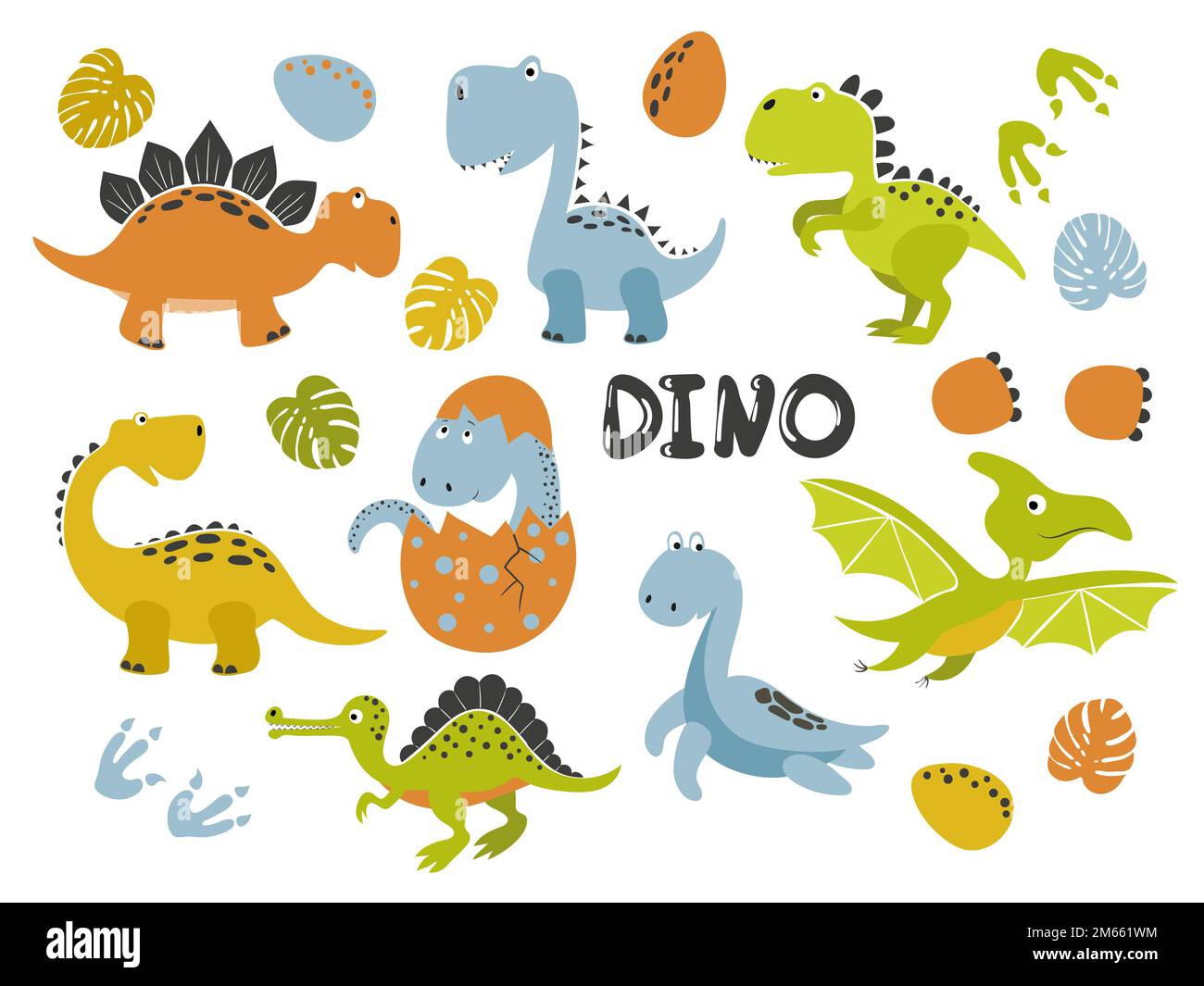 Set di divertenti dinosauri cartoni animati per bambini. Illustrazione vettoriale. Illustrazione Vettoriale