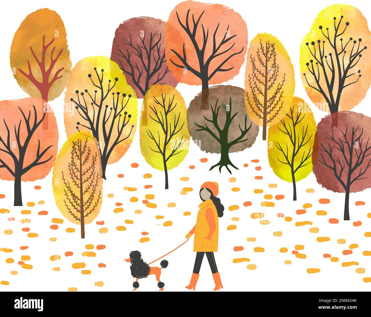 Paesaggio autunnale. Illustrazione vettoriale acquerello di parco autunnale e donna che cammina con un cane Illustrazione Vettoriale