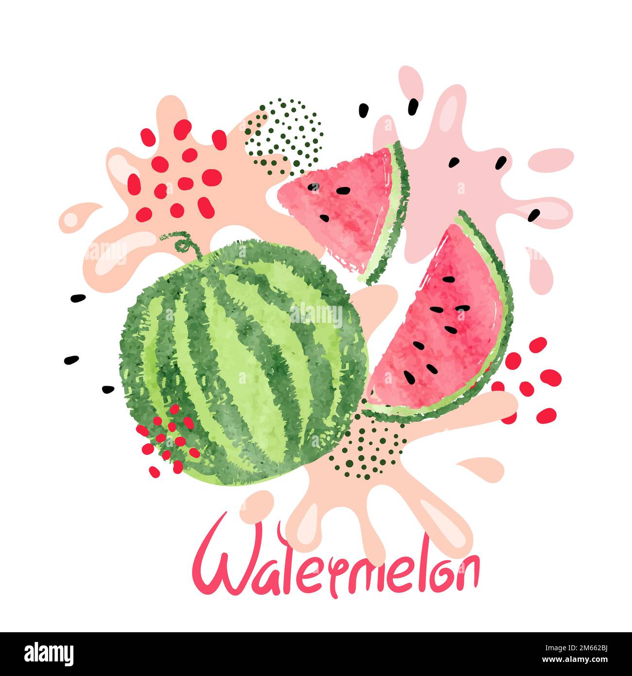 Illustrazione vettore di succo di anguria acquerello. Un'astratta splash succosa. Illustrazione Vettoriale