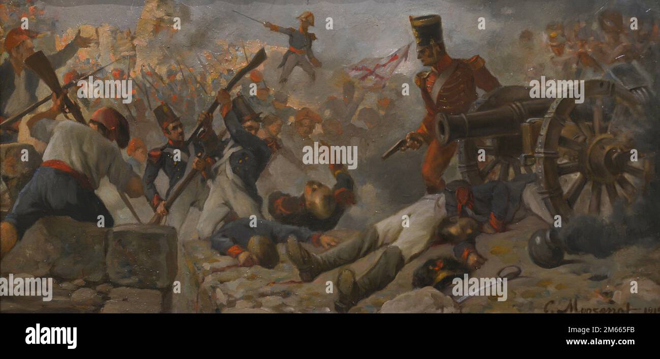 Guerra Peninsulare (1808-1814). Terzo assedio di Gerona (dal 6 maggio al 12 dicembre 1809). La città fu assediata per sette mesi sotto il comando del generale Alvarez de Castro. Capitolò il 12 dicembre 1809. Difesa della Torre Gironella. Olio su tela di Cristobal Montserrat y Jorba (1866-1935), 1919. Museo dell'esercito. Toledo, Spagna. Foto Stock