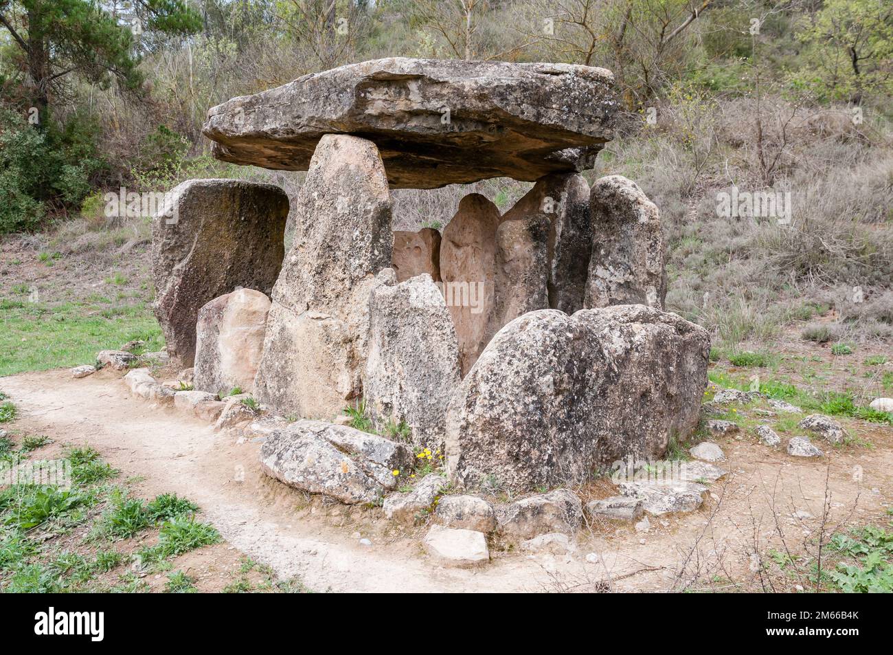 Dolmen sols de riu, Megalith, costruito 4000 anni fa e ha cambiato la sua posizione originale nel 1999, baronia de Rialb, Catalogna, Spagna Foto Stock