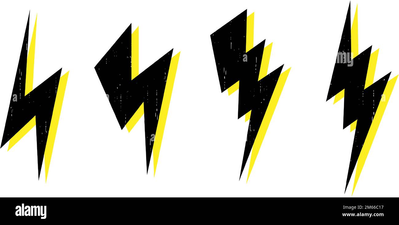 Set di fulmini. Collezione thunderbolt nera e gialla. Simboli lampeggianti. Segnali di fulmine. Vettore Illustrazione Vettoriale