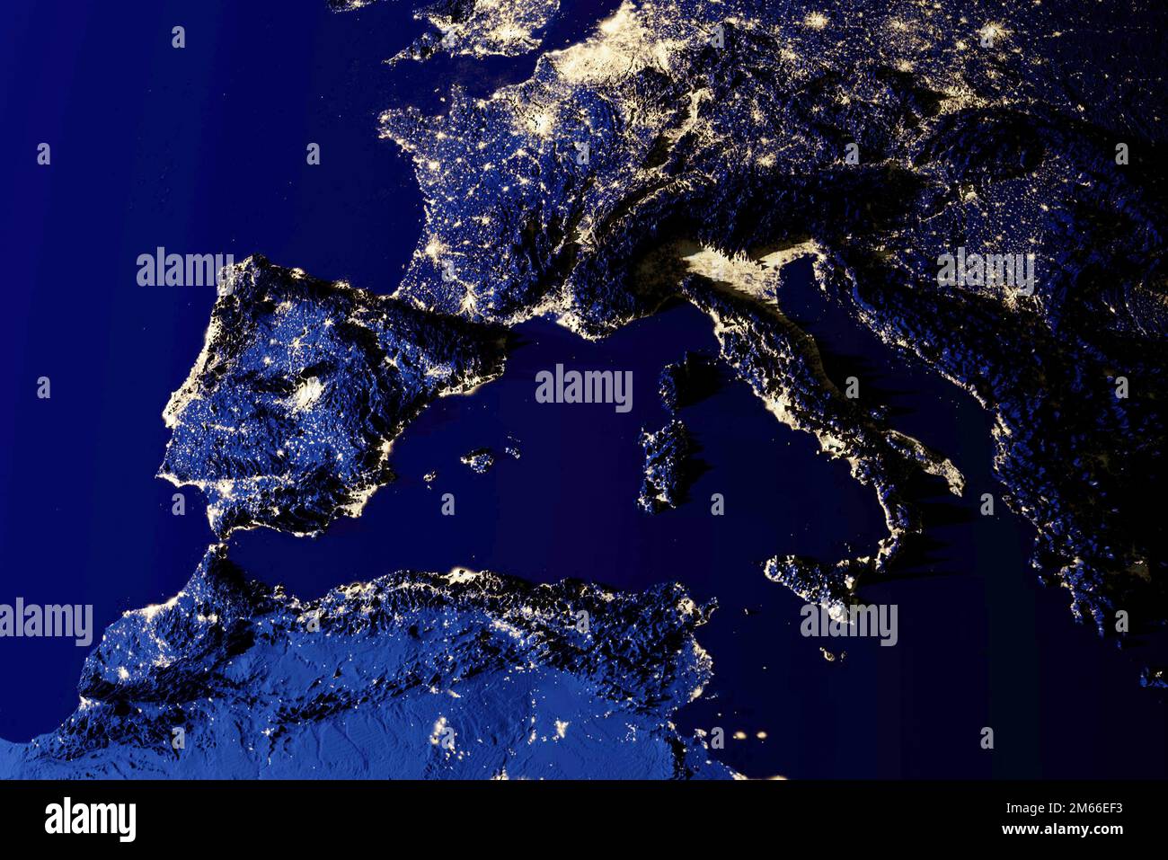 Mappa fisica del mondo, vista satellitare dell'Europa e del Nord Africa. Vista notturna. Luci della città. Globo. Emisfero. Rilievi ed oceani. rendering 3d Foto Stock