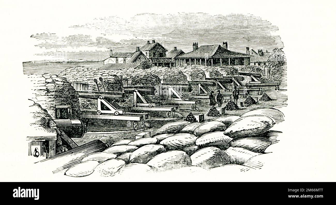 Questa illustrazione del 1866 mostra una batteria con sacco a sabbia a Fort Moultrie. Durante la prima battaglia della guerra civile (12-13 aprile 1861), i confederati a Fort Moultrie spararono contro le truppe dell'Unione a Fort Sumter. Le forze confederate hanno usato con successo entrambi i forti per proteggere Charleston da un assedio combinato della marina dell'Unione e dell'esercito dal 1863 al 1865. Sebbene fortemente danneggiato dai bombardamenti dell'Unione durante la guerra civile, Fort Moultrie ha giocato un ruolo chiave nella difesa confederata del porto di Charleston. Foto Stock