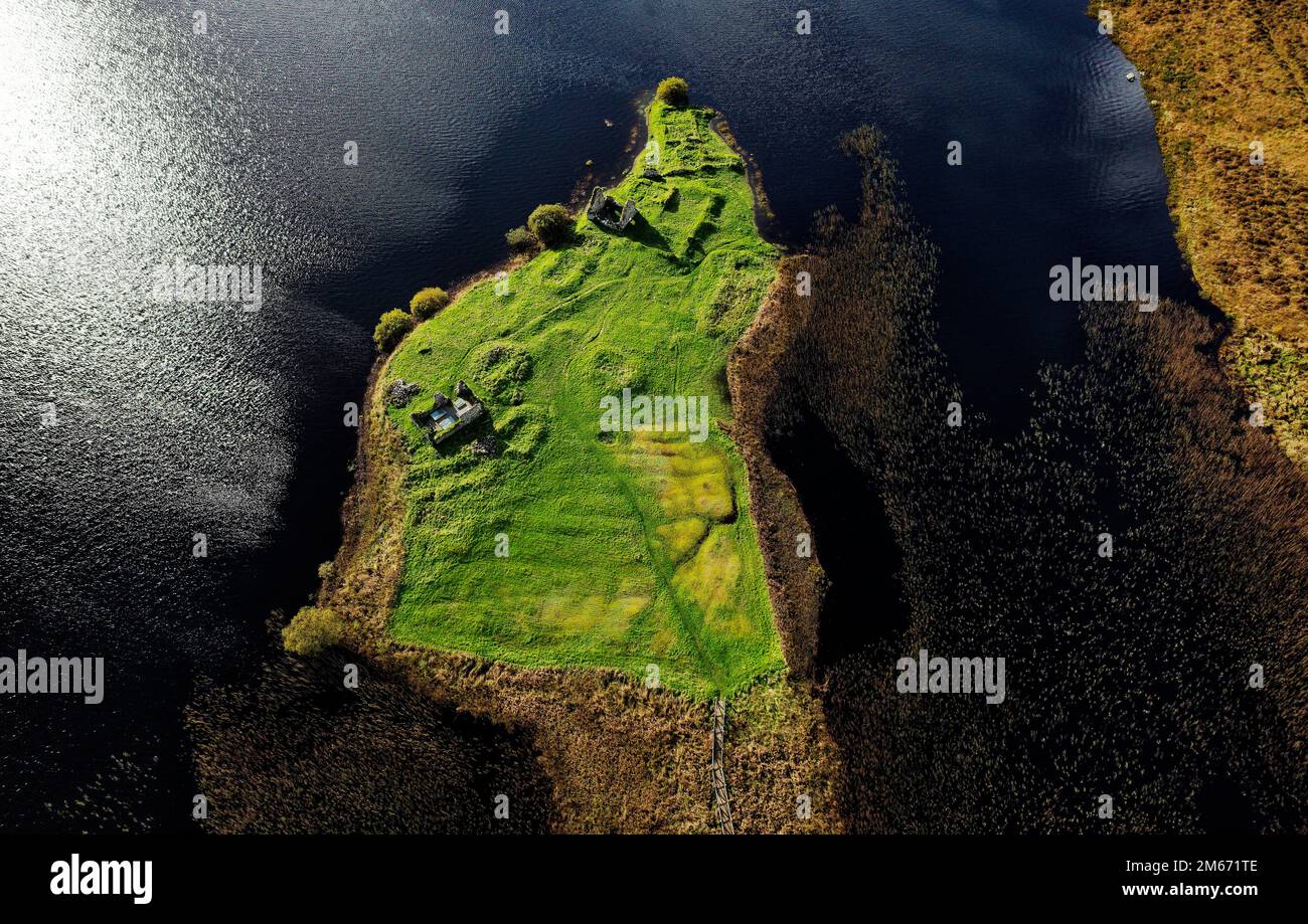 Fillaggan sito storico sull'isola di Eilean Mor a Loch Fillaggan, Islay, Ebridi interne, Scozia. Sede dei Signori delle Isole e di Clan Donald Foto Stock