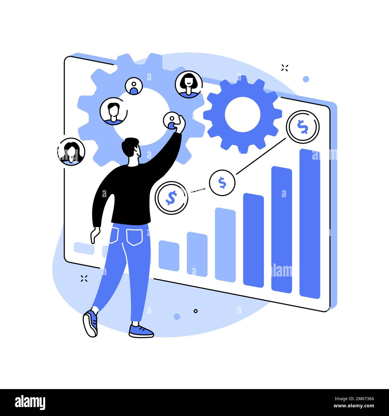 Illustrazione del vettore di concetto astratto di crescita delle vendite. Piano di profitto, crescita del database dei clienti, responsabile vendite, metodo di promozione, obiettivo di marketing, addetto alle vendite achi Illustrazione Vettoriale