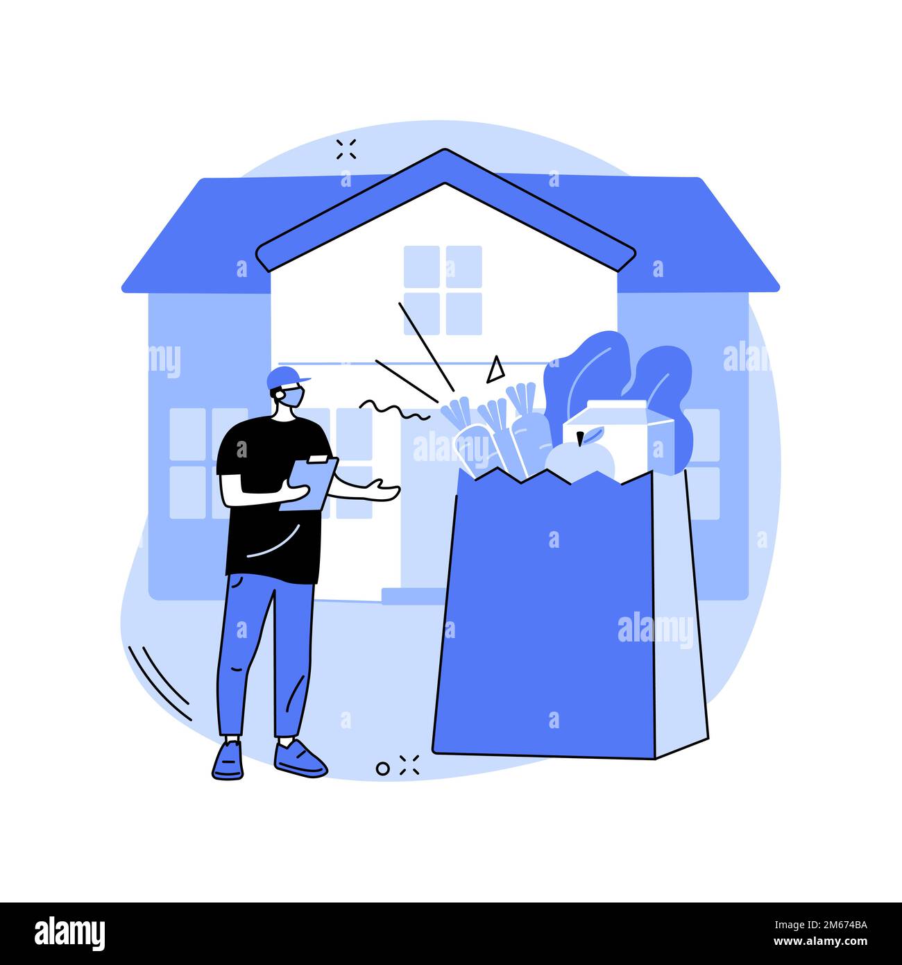 Illustrazione vettoriale del concetto astratto del servizio di consegna di generi alimentari. Consegna dei negozi locali, ordine di acquisto di alimentari online, servizio di sicurezza alimentare, soggiorno a casa, s Illustrazione Vettoriale
