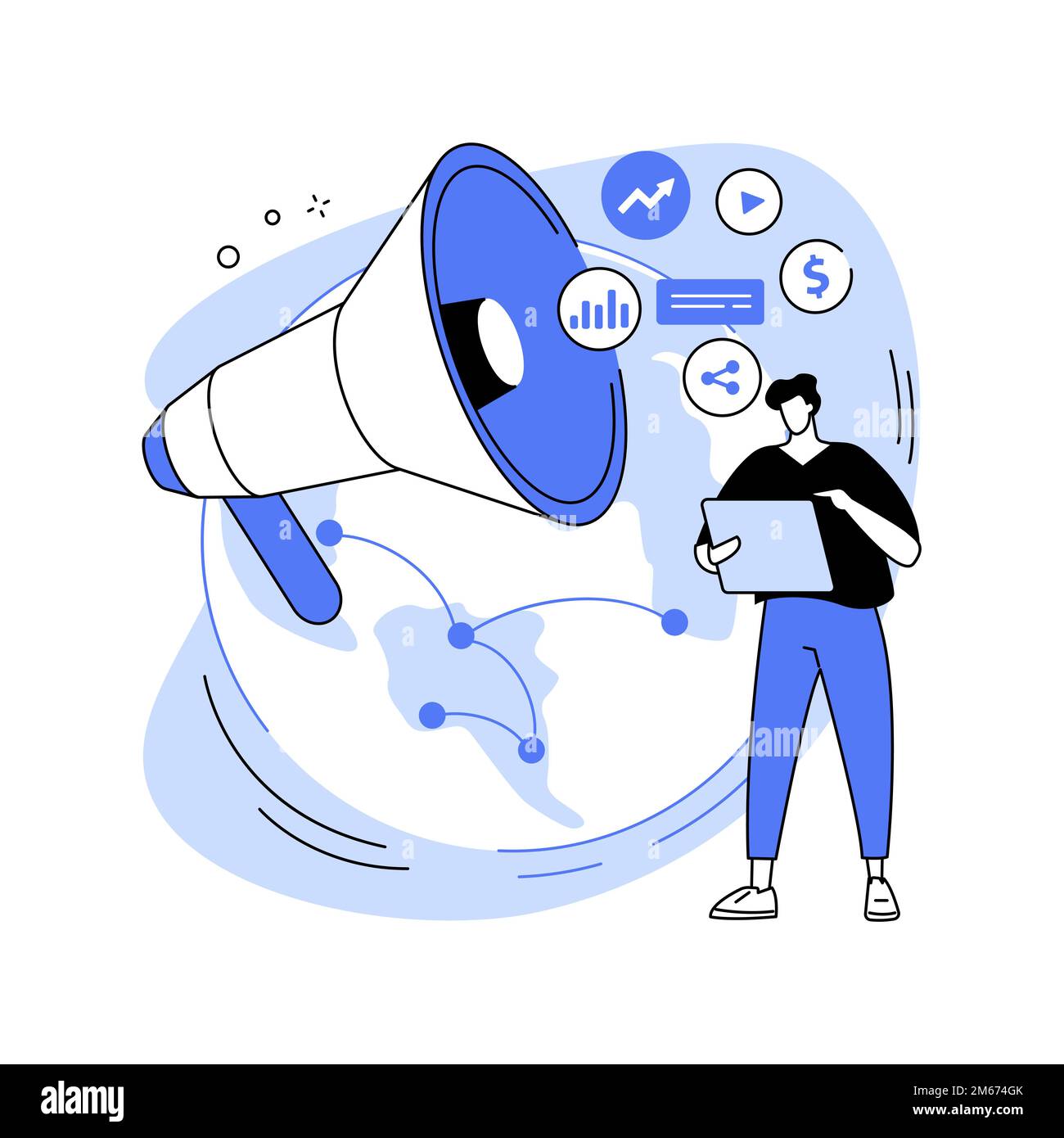 Illustrazione vettoriale del concetto astratto di Macromarmarketing. Influenza sociale, strategia di marketing globale, comportamento dei consumatori, ricerca del sistema di regolamentazione del mercato, Illustrazione Vettoriale