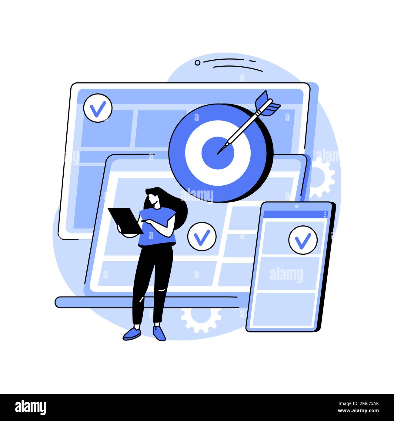 Illustrazione vettoriale del concetto astratto di targeting multi-dispositivo. Monitoraggio e targeting tra dispositivi, marketing su più dispositivi, trend dei consumatori su più schermi Illustrazione Vettoriale