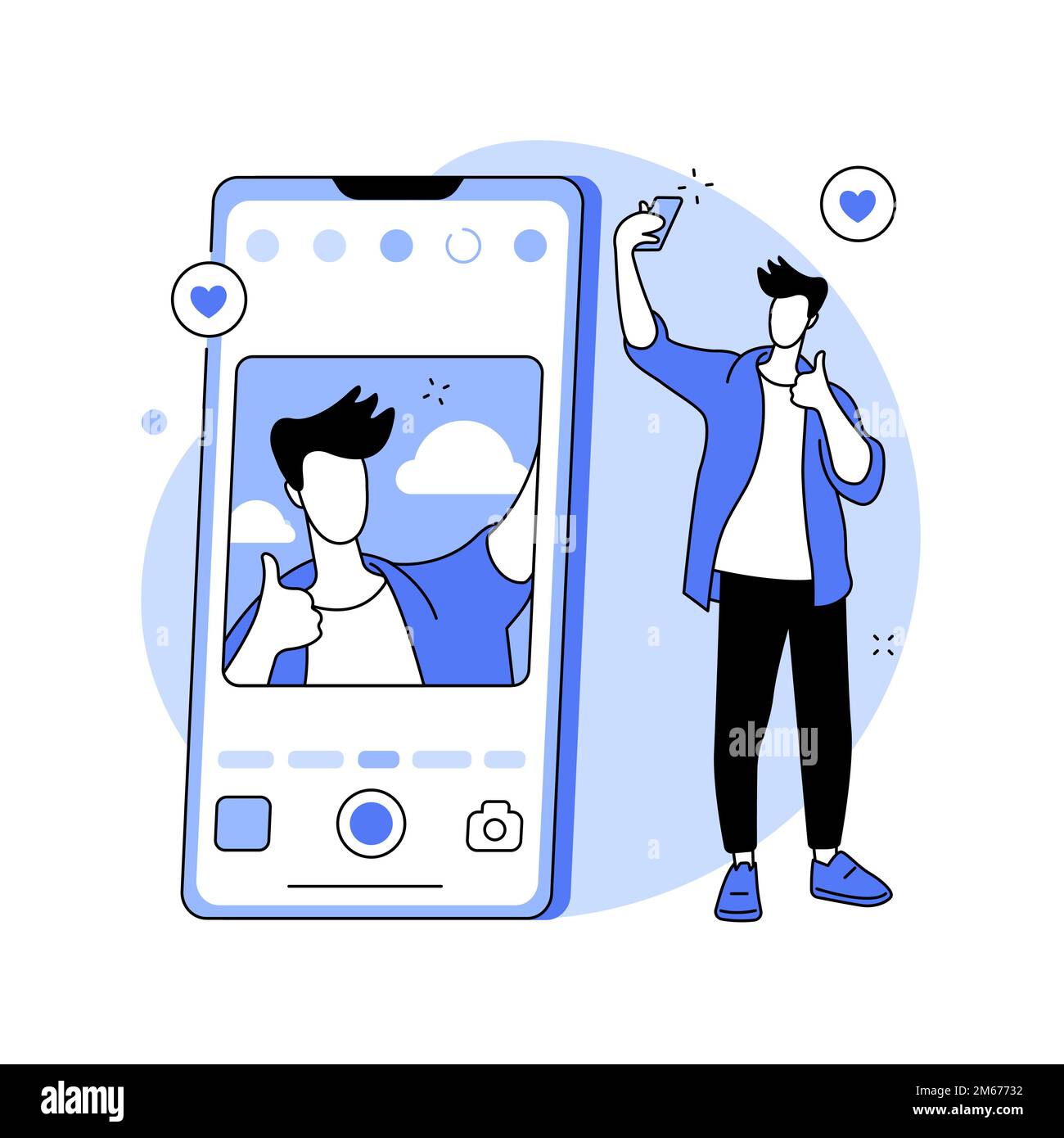 Illustrazione vettoriale del concetto astratto selfie. Cultura dei selfie, attività di social network, popolarità dei blog, dipendenza da smartphone, fotocamera digitale, show e. Illustrazione Vettoriale