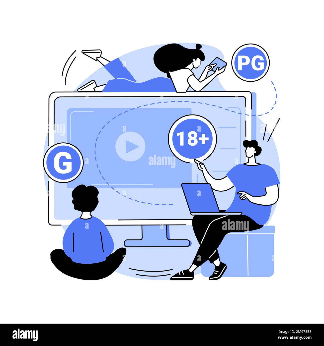 Illustrazione vettoriale del concetto astratto di valutazione del contenuto. Classificazione dei media e della tv, sistema di classificazione dei contenuti, limiti di età del pubblico, classificazione della censura Illustrazione Vettoriale