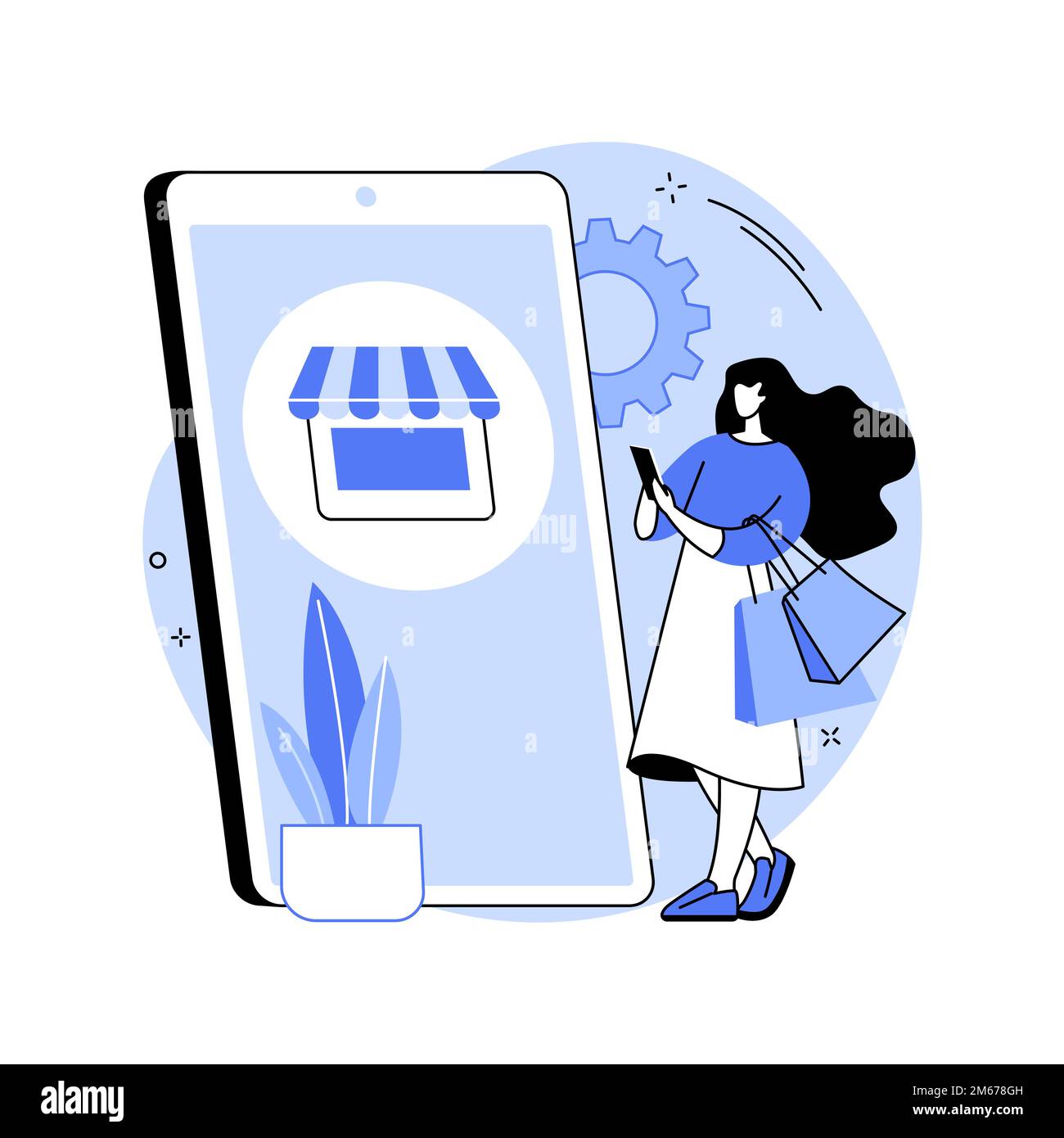 Illustrazione vettoriale del concetto astratto dell'applicazione eCommerce. Software commerciale, application marketplace, app per piattaforma ecommerce, acquisto online, mobil Illustrazione Vettoriale