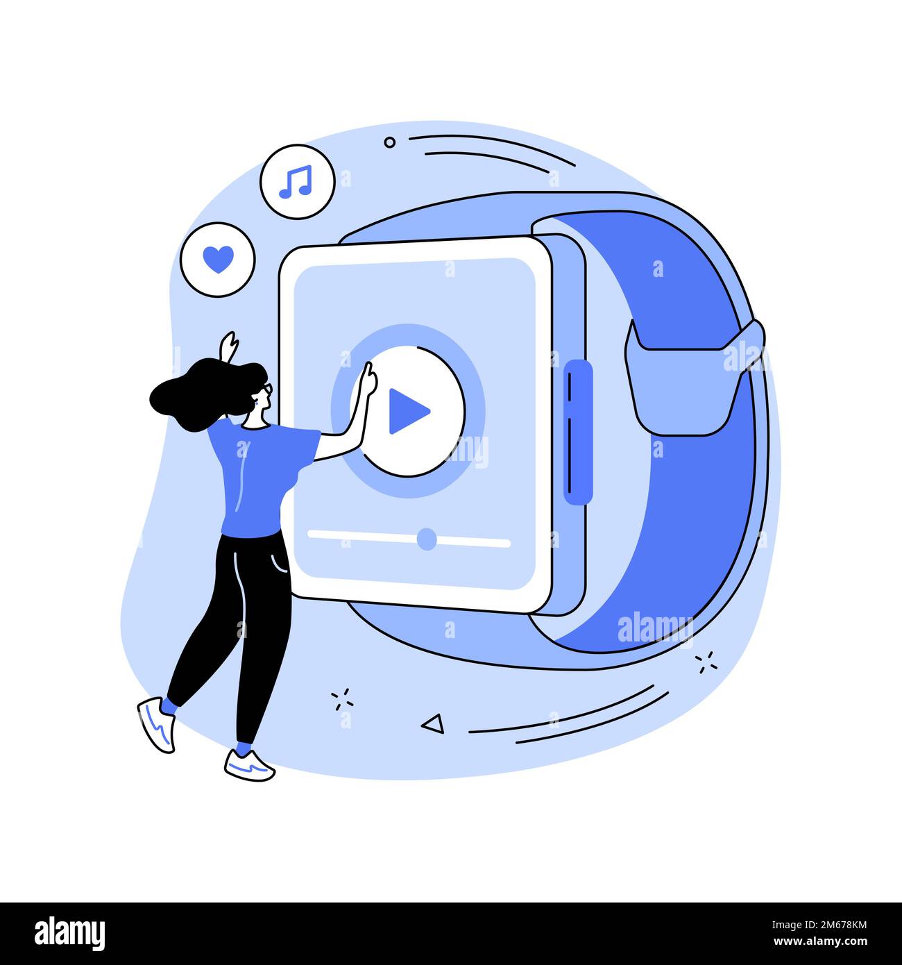 Smartwatch come lettore multimediale portatile astratto concetto di illustrazione vettoriale. Musica indossabile, controllo multimediale wireless, applicazioni multimediali mobili, compatta A. Illustrazione Vettoriale