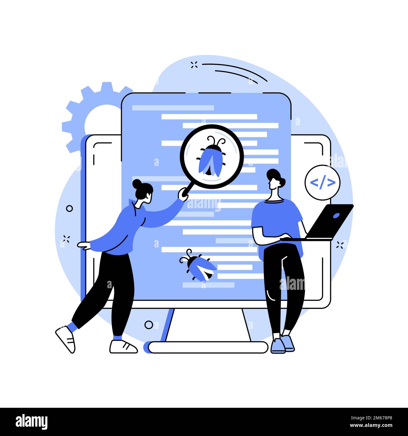 Illustrazione vettoriale del concetto astratto di test del software. Test delle applicazioni software IT, controllo della qualità, team di controllo della qualità, risoluzione dei bug, automazione e manuale, Illustrazione Vettoriale