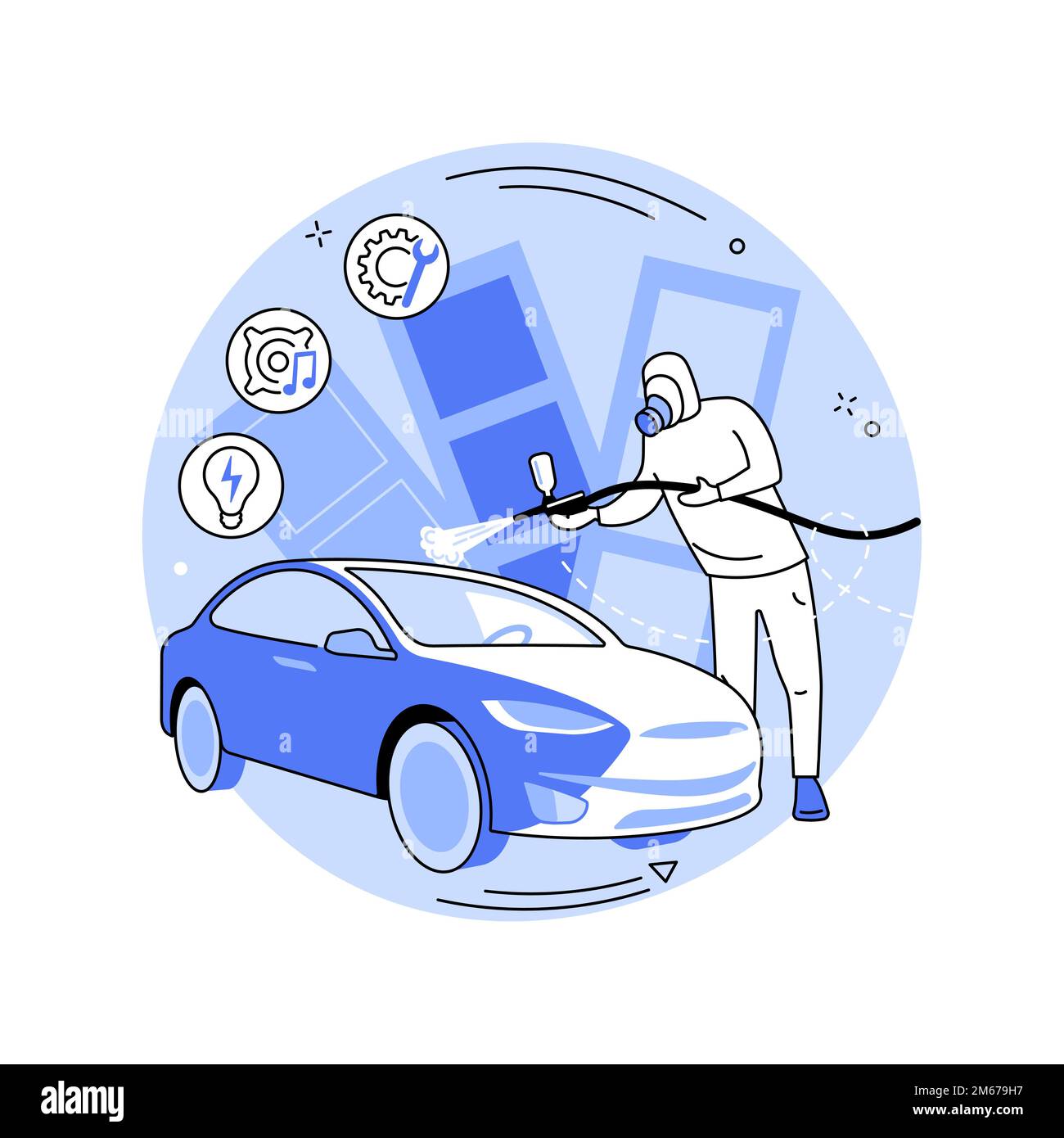 Illustrazione vettoriale del concetto astratto di sintonizzazione dell'auto. Auto da corsa turbo tuning, carrozzeria auto, aggiornamento musica veicolo, stile e design auto, sport c Illustrazione Vettoriale