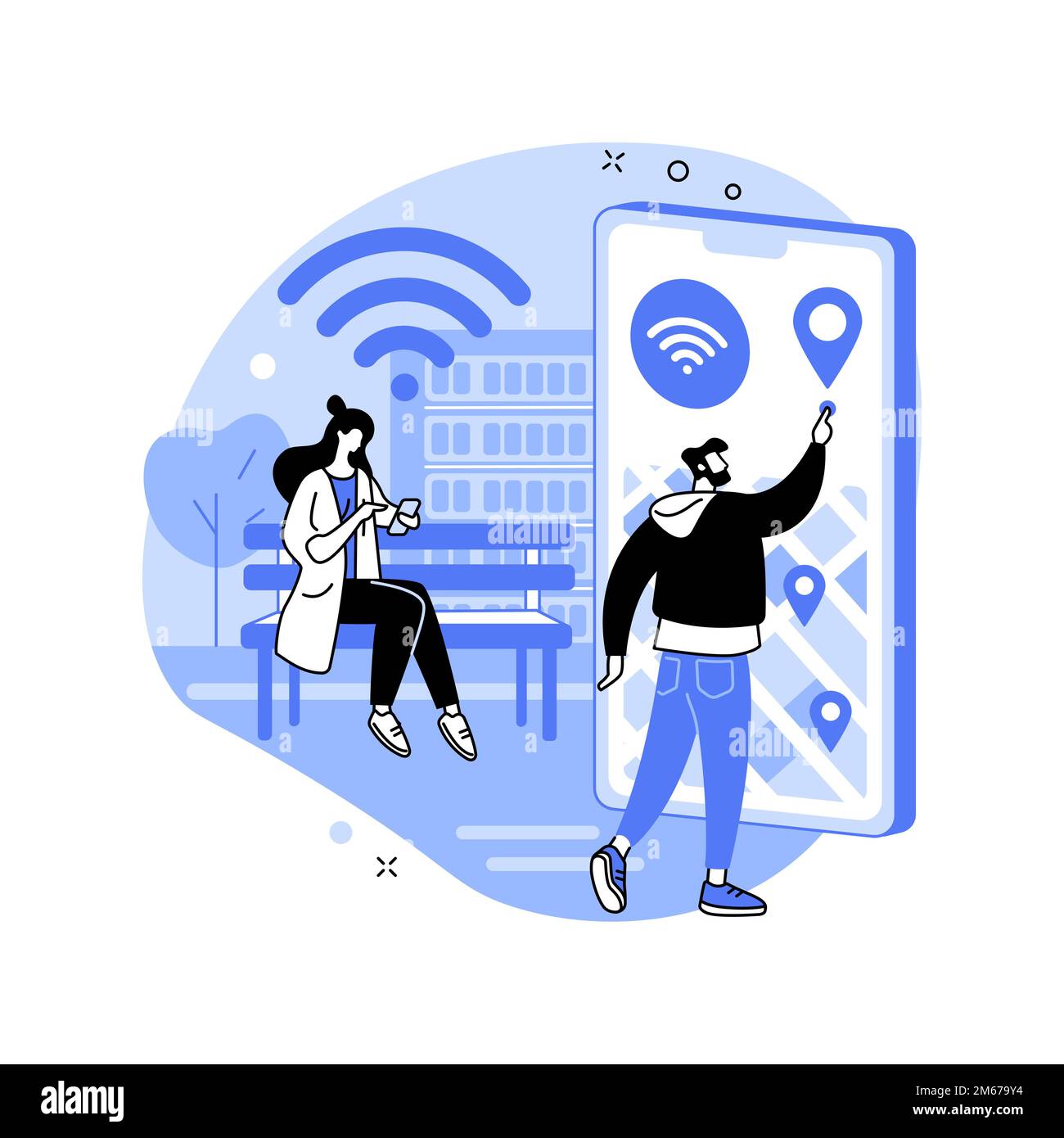 Illustrazione del vettore astratto del concetto di hotspot wi-fi pubblico. Centro città Wi-Fi, mappa hotspot, accesso wireless gratuito, internet pubblico aperto, servizio di rete Illustrazione Vettoriale