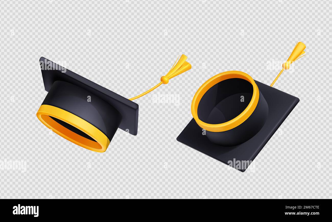 Gettare i tappi graduati in aria. Cappellini neri volanti accademici con nappina gialla isolata su sfondo trasparente, illustrazione vettoriale 3D, vista angolare Illustrazione Vettoriale