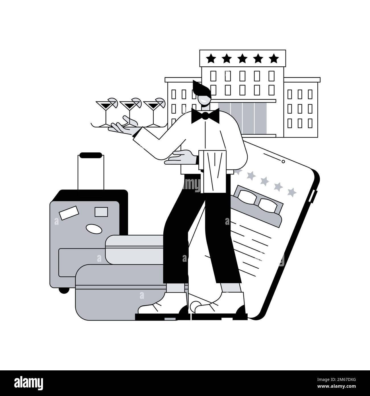 Stile di vita hotel concetto astratto illustrazione vettoriale. Settore alberghiero, resort all'avanguardia, prenotazione online, recensioni dei viaggiatori, colazione gratuita, wi-fi Illustrazione Vettoriale