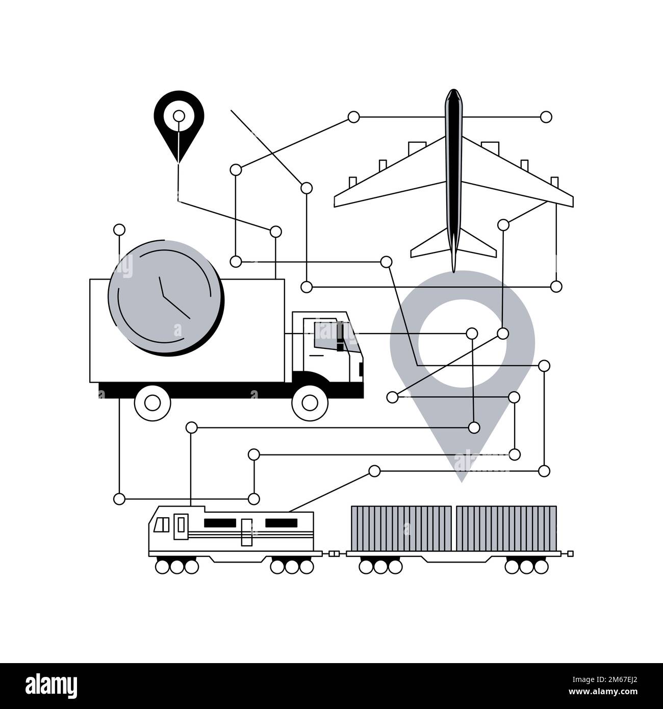 Illustrazione vettoriale del concetto astratto della rete di trasporto. Rete di trasporto, schema metropolitano, infrastruttura logistica, traffico automobilistico, trasporto aereo, guida Illustrazione Vettoriale