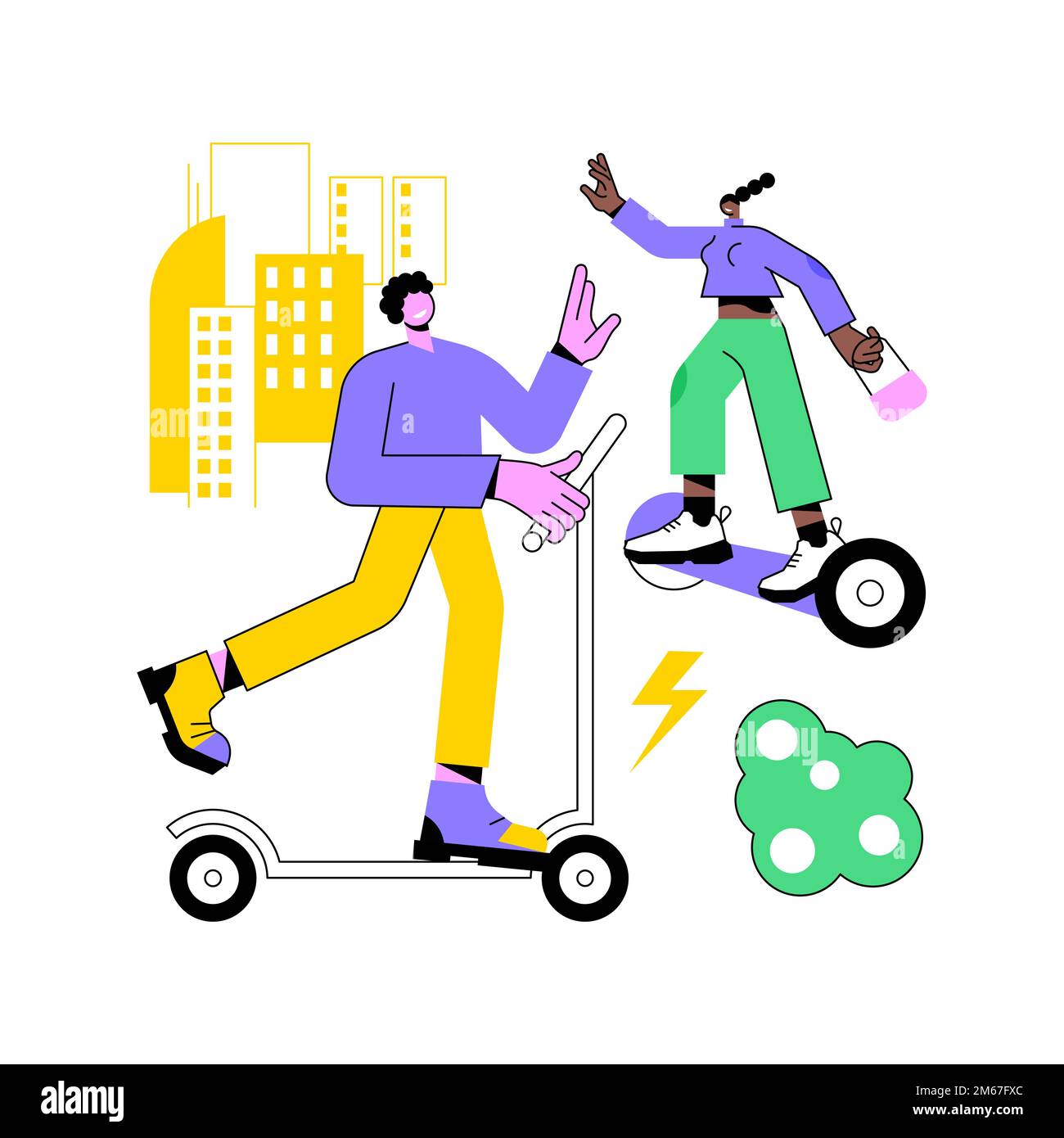 Illustrazione vettoriale del concetto astratto di trasporto elettrico urbano. Noleggio bici elettriche, escooter eskateboard utilizzando, stile di vita della città moderna, mobili urbani Illustrazione Vettoriale