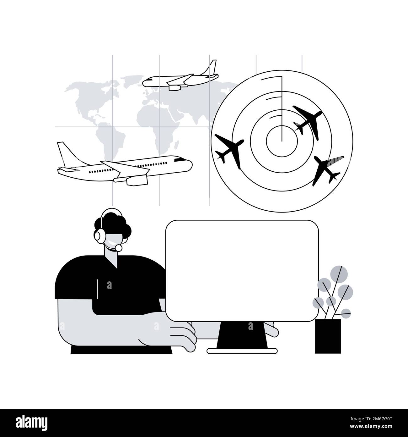 Controllo del traffico aereo concetto astratto illustrazione vettoriale. Torre di controllo dell'aeroporto, radar del traffico aereo, servizio a terra, ubicazione dell'aeromobile, radio com Illustrazione Vettoriale
