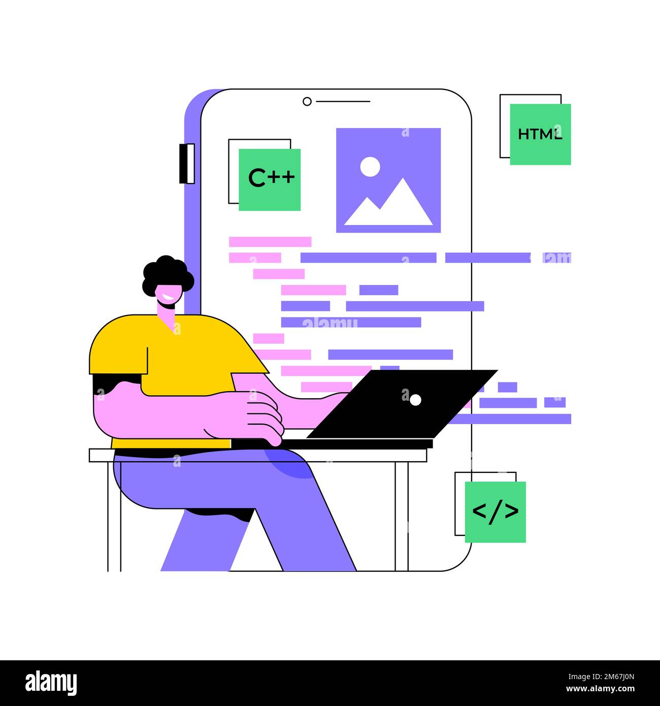 Illustrazione vettoriale astratta dello sviluppo di applicazioni mobili. Piattaforma di creazione di app per dispositivi mobili, sviluppo software front-end, UI e UX des Illustrazione Vettoriale