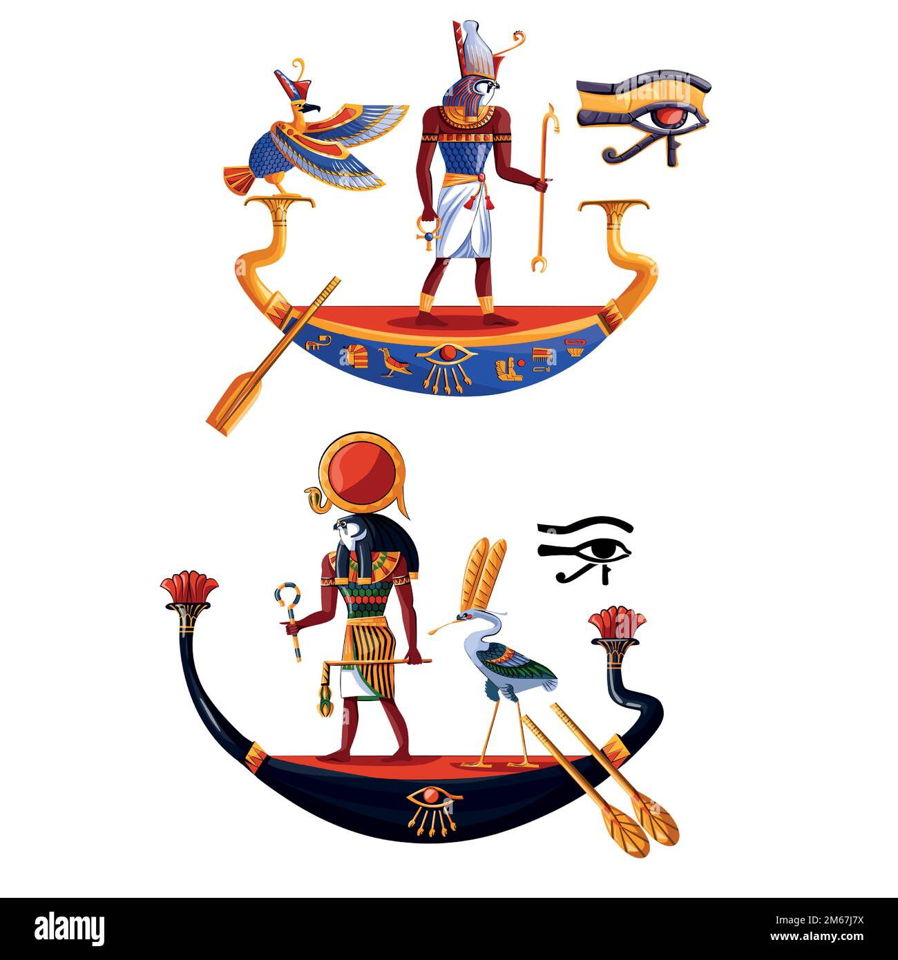 Antico Egitto sole dio Ra o Horus cartoon illustrazione vettoriale. Cultura egiziana simboli religiosi, antico dio-falco in barca notte e giorno, uccelli sacri, isolati su sfondo bianco Illustrazione Vettoriale