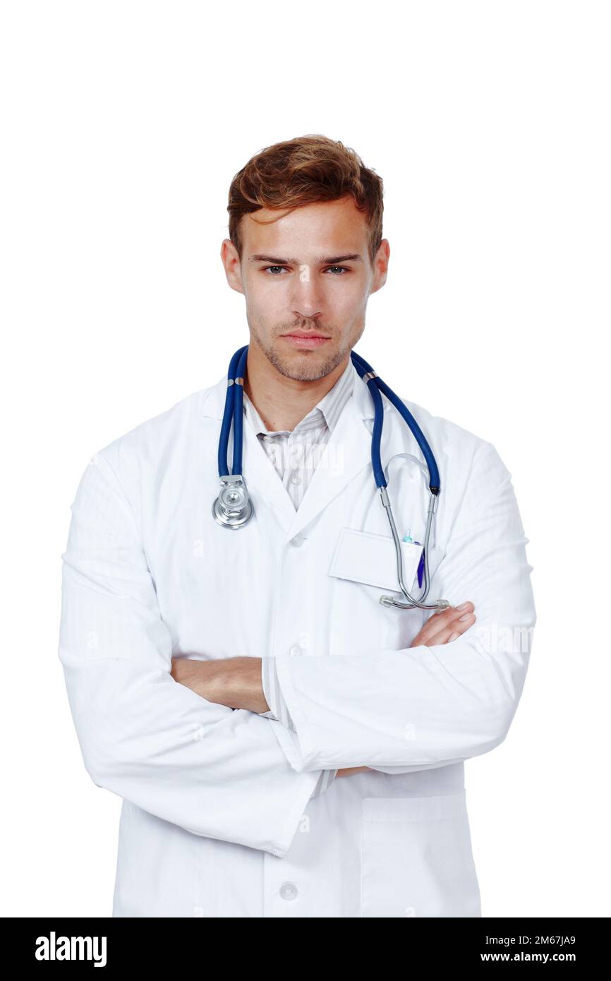 Fidati di me, un professionista. Studio ritratto di un giovane medico maschio isolato su bianco. Foto Stock