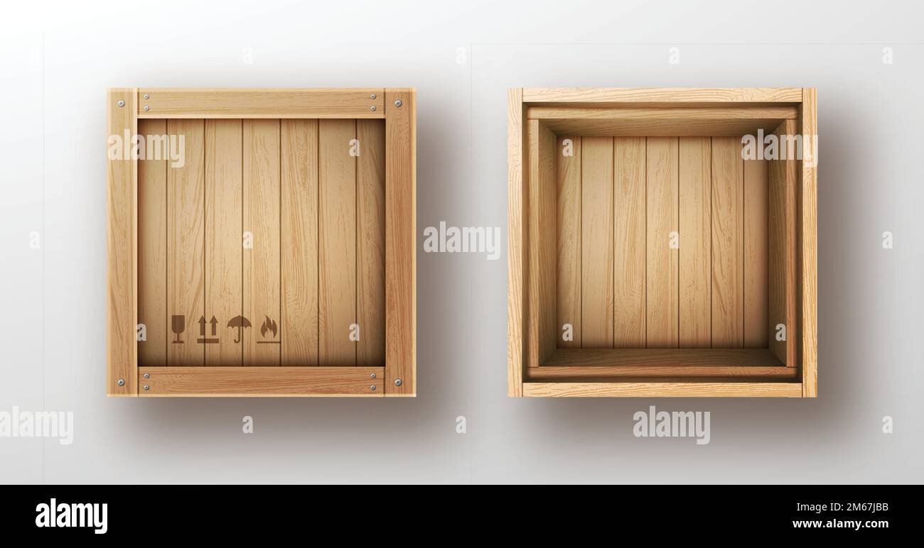Scatola di legno aperta e chiusa rappresentazione realistica del vettore. Cassa di legno o cassa di carico per lo stoccaggio, il trasporto e la consegna del prodotto con simboli postali e chiodi metallici isolati su sfondo bianco Illustrazione Vettoriale