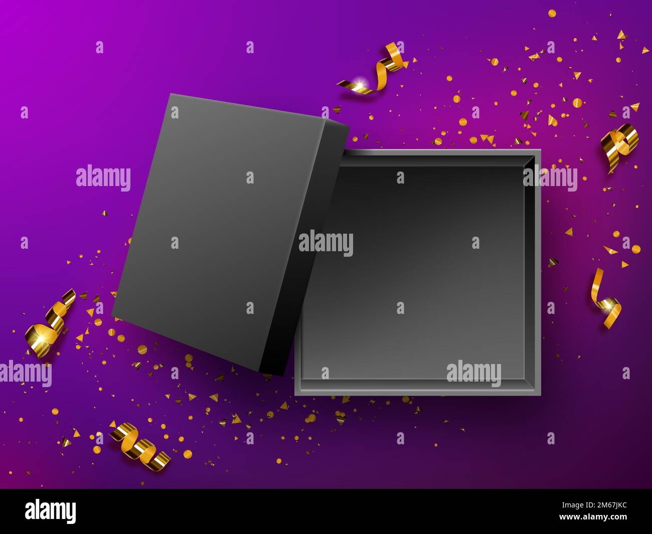 Aprire il regalo nero scatola superiore visualizzare realistico vettore illustrazione. Scatola vuota presente su fondo viola con confetti d'oro o spirale dorata tinsel., compleanno, Capodanno o disegno di Natale Illustrazione Vettoriale