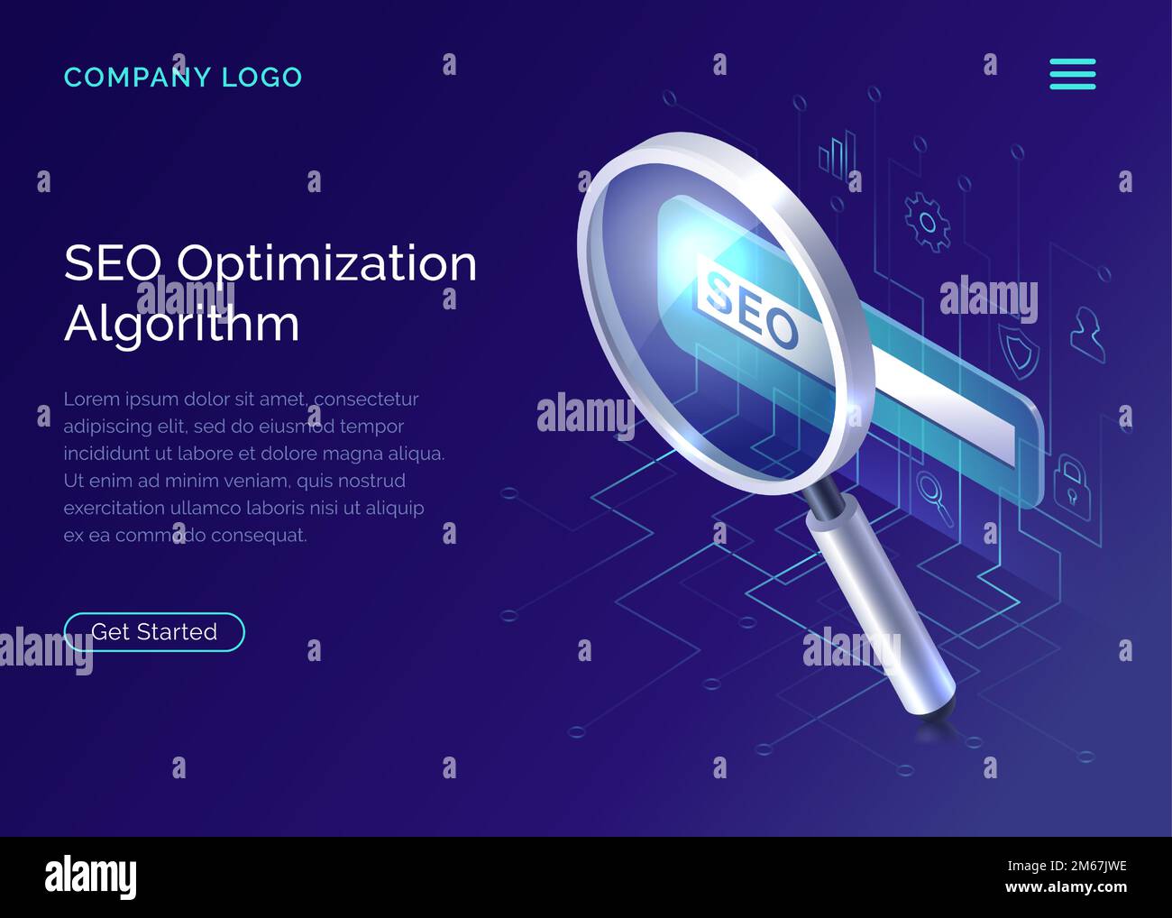 SEO, algoritmo di ottimizzazione dei motori di ricerca, illustrazione isometrica vettoriale concettuale. Lente di ingrandimento grande per il monitoraggio e l'analisi dei dati, pagina blu del sito Web di destinazione, modello di interfaccia Illustrazione Vettoriale