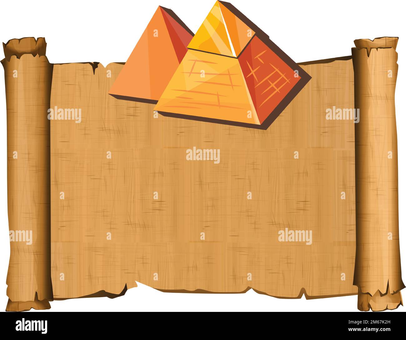 Antico Egitto papiro rotolo con piramide silhouette cartoon illustrazione vettoriale. Antica carta per la conservazione di informazioni, cultura egiziana simboli religiosi, isolato su sfondo bianco Illustrazione Vettoriale