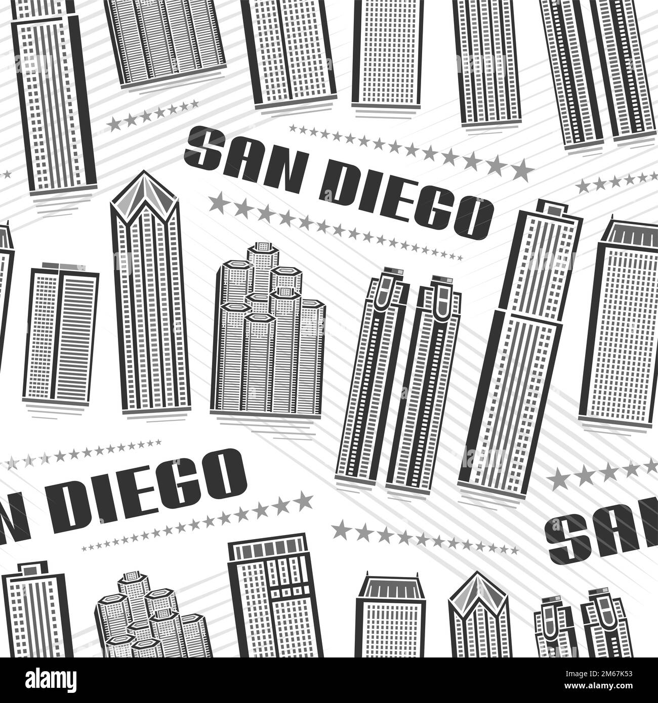 Vector San Diego Seamless Pattern, sfondo ripetuto con illustrazione del famoso paesaggio cittadino americano su sfondo bianco per carta da imballaggio, monocroma Illustrazione Vettoriale