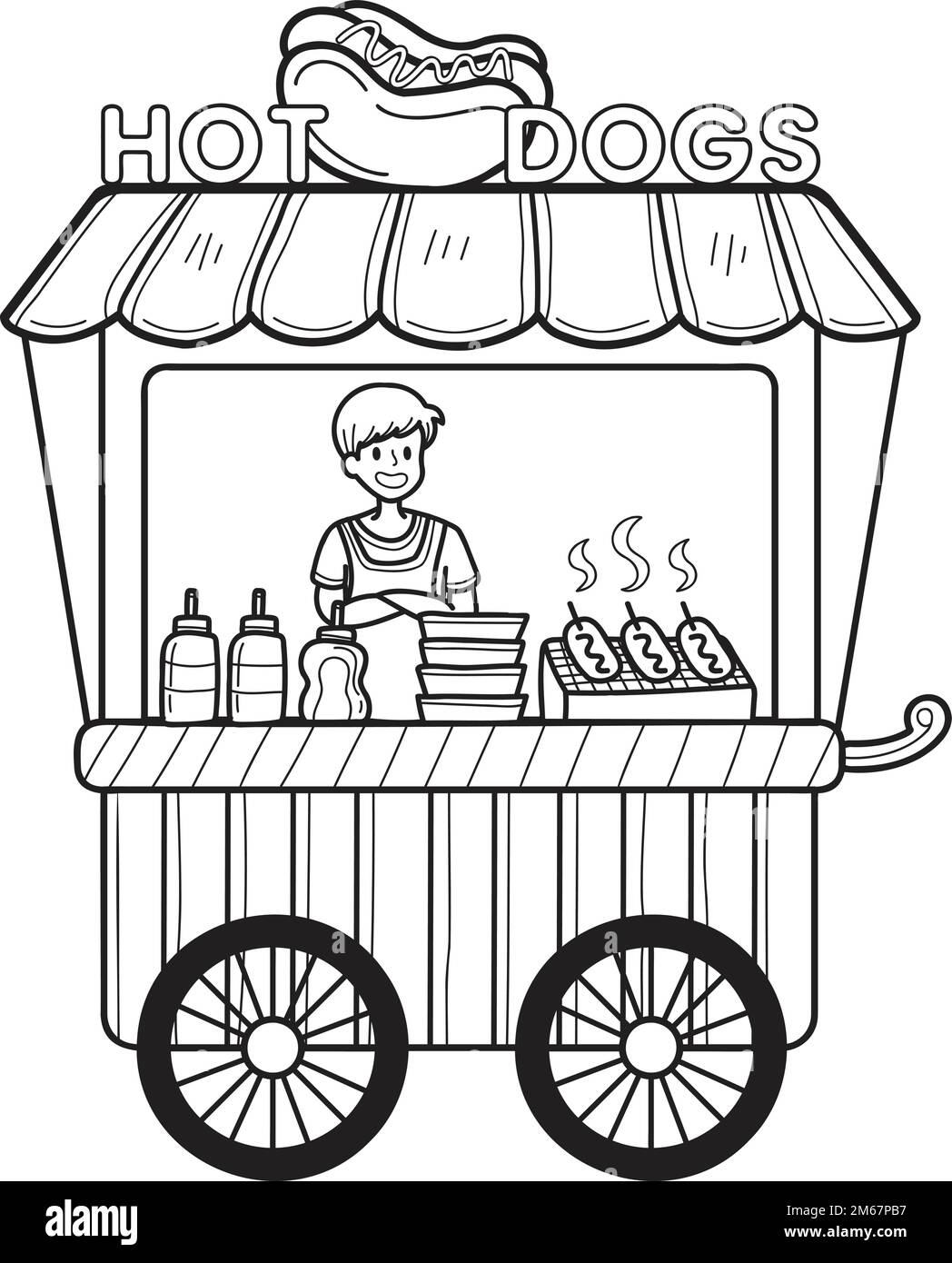 Carrello di Street food disegnato a mano con hot dog illustrazione isolato sullo sfondo Illustrazione Vettoriale