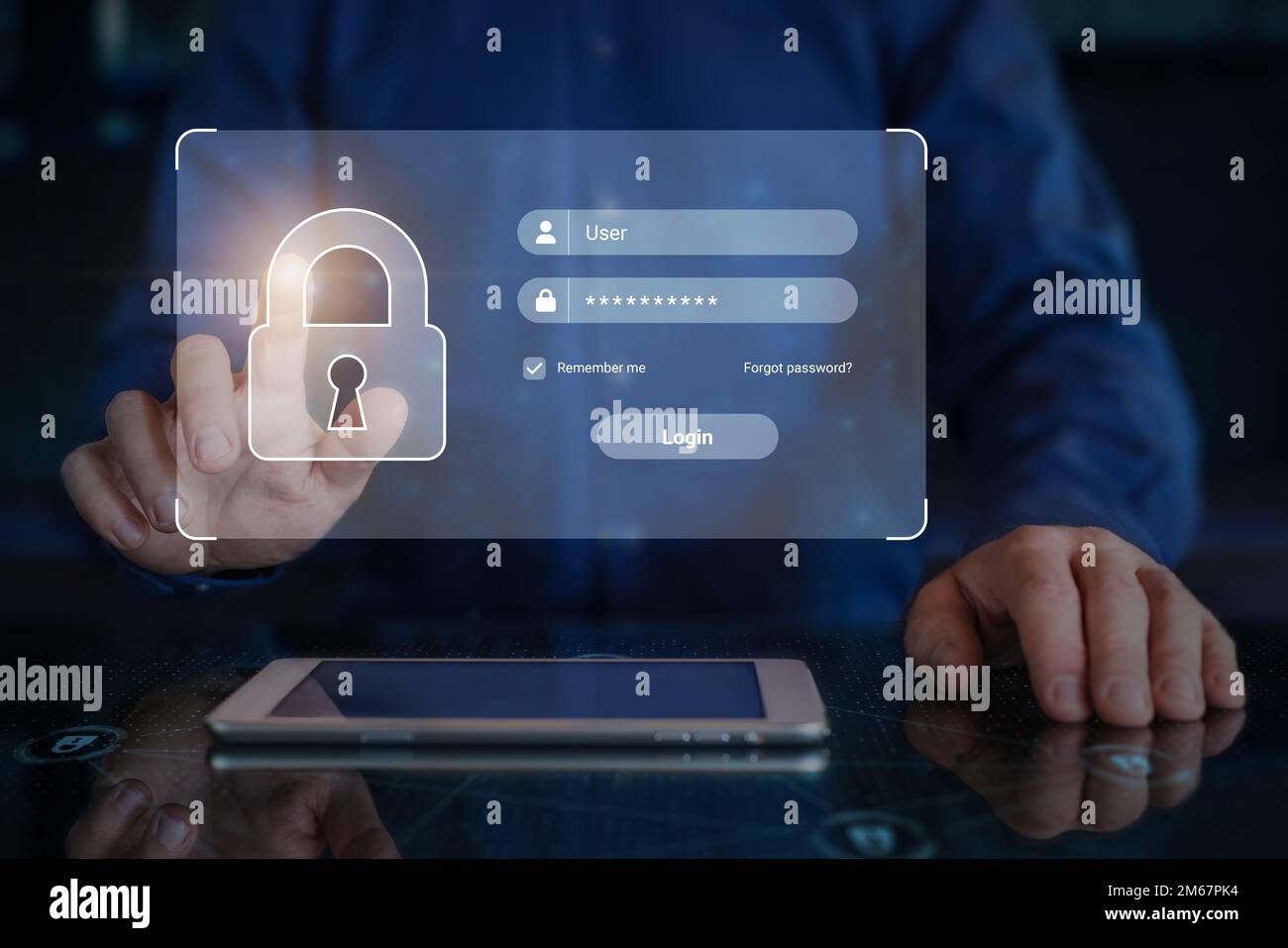 Password e username pagina di accesso, accesso sicuro su internet. Accesso all'autenticazione degli utenti online, sicurezza informatica, protezione dei dati. Il dito tocca il blocco Foto Stock