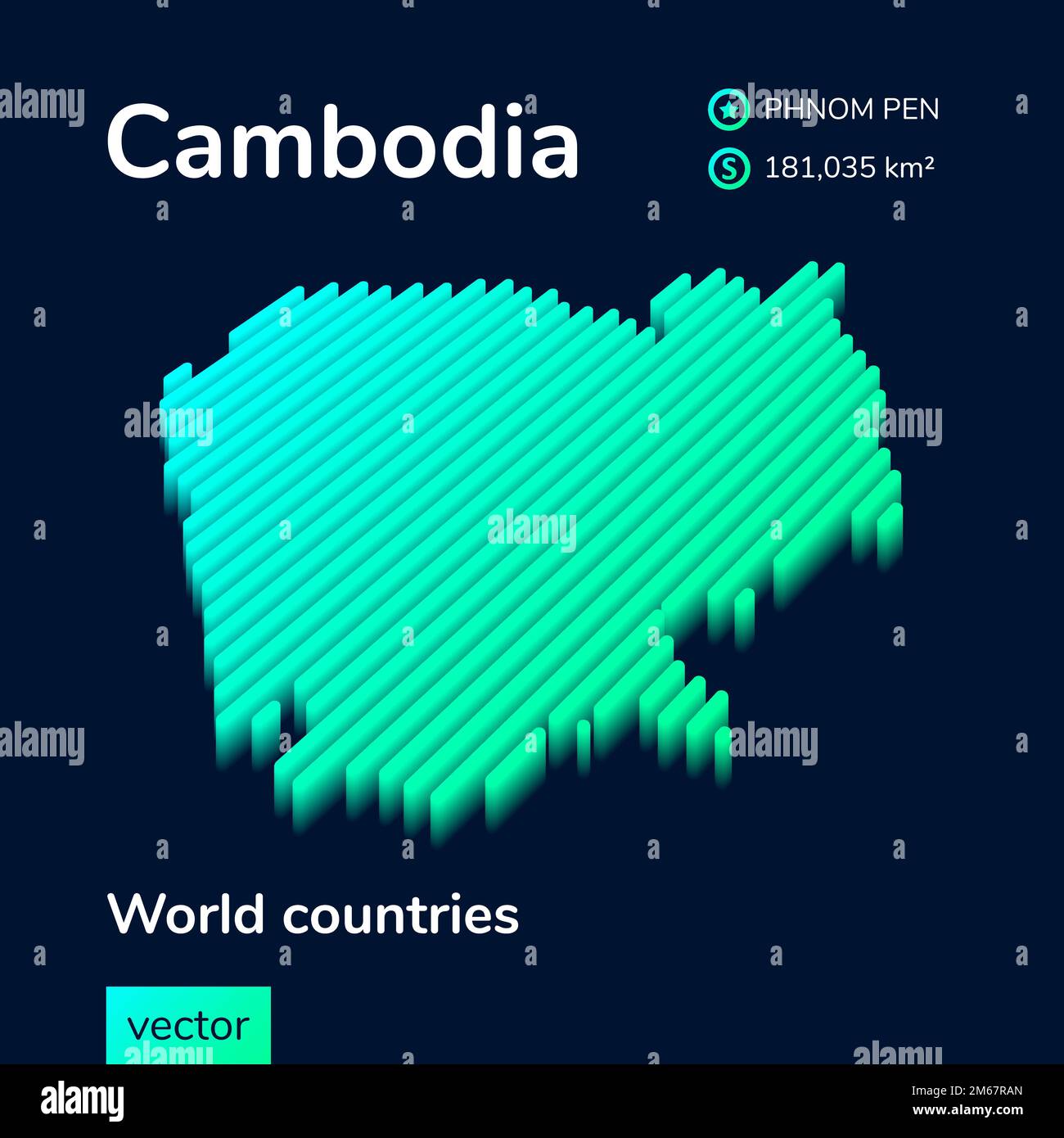 Mappa stripata isometrica al neon della Cambogia con effetto 3D. Mappa della Cambogia è in verde e menta colori sullo sfondo blu scuro Illustrazione Vettoriale