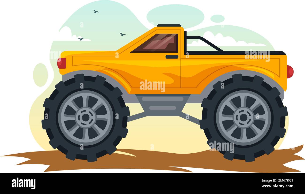 Illustrazione fuoristrada con una Jeep Car o SUV per attraversare terreni rocciosi, fiumi e sabbia in Flat Extreme Sport Cartoon modelli disegnati a mano Illustrazione Vettoriale