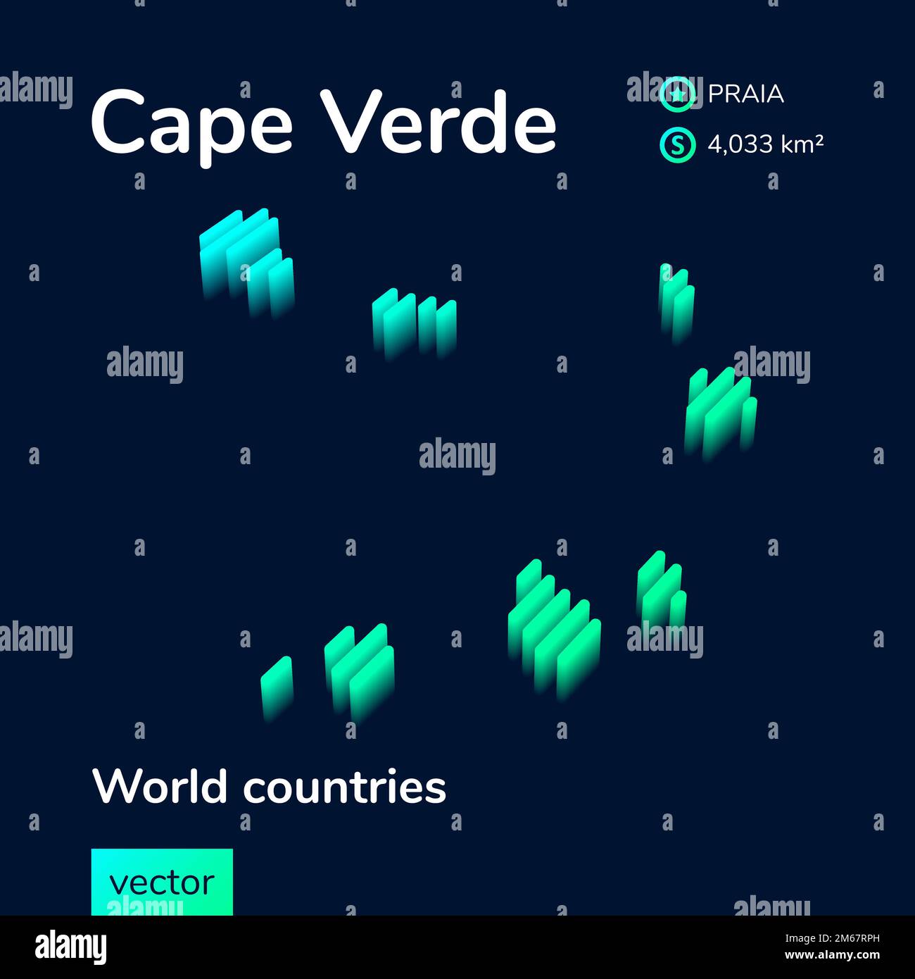 Mappa vettoriale a righe al neon isometrica stilizzata di Capo Verde con effetto 3D. La mappa di Capo Verde è di colore verde e menta sullo sfondo blu scuro Illustrazione Vettoriale