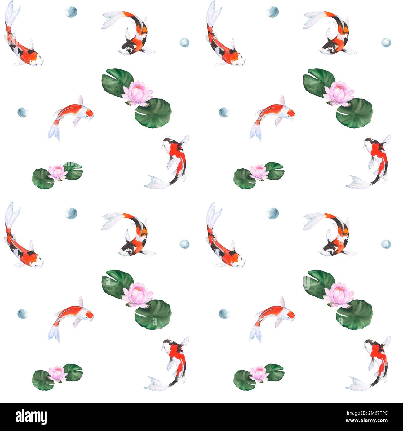 Motivo acquerello con pesci koi e fiori di loto su sfondo bianco Foto Stock