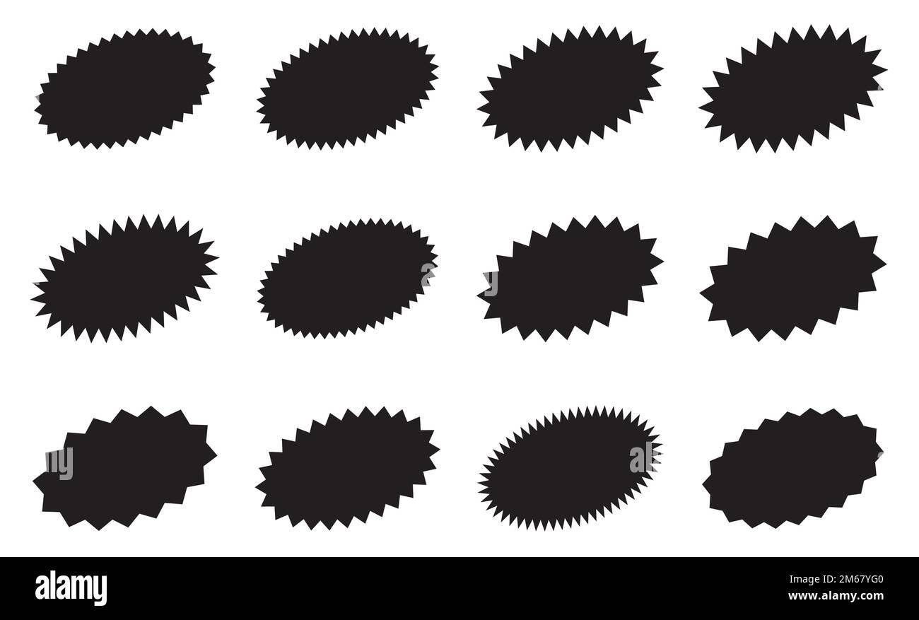 Adesivi starburst ovali. Stemmi neri, set di etichette a stella isolate. Illustrazione Vettoriale